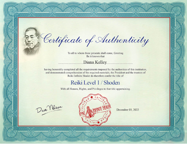 Reiki Level 1 certificate