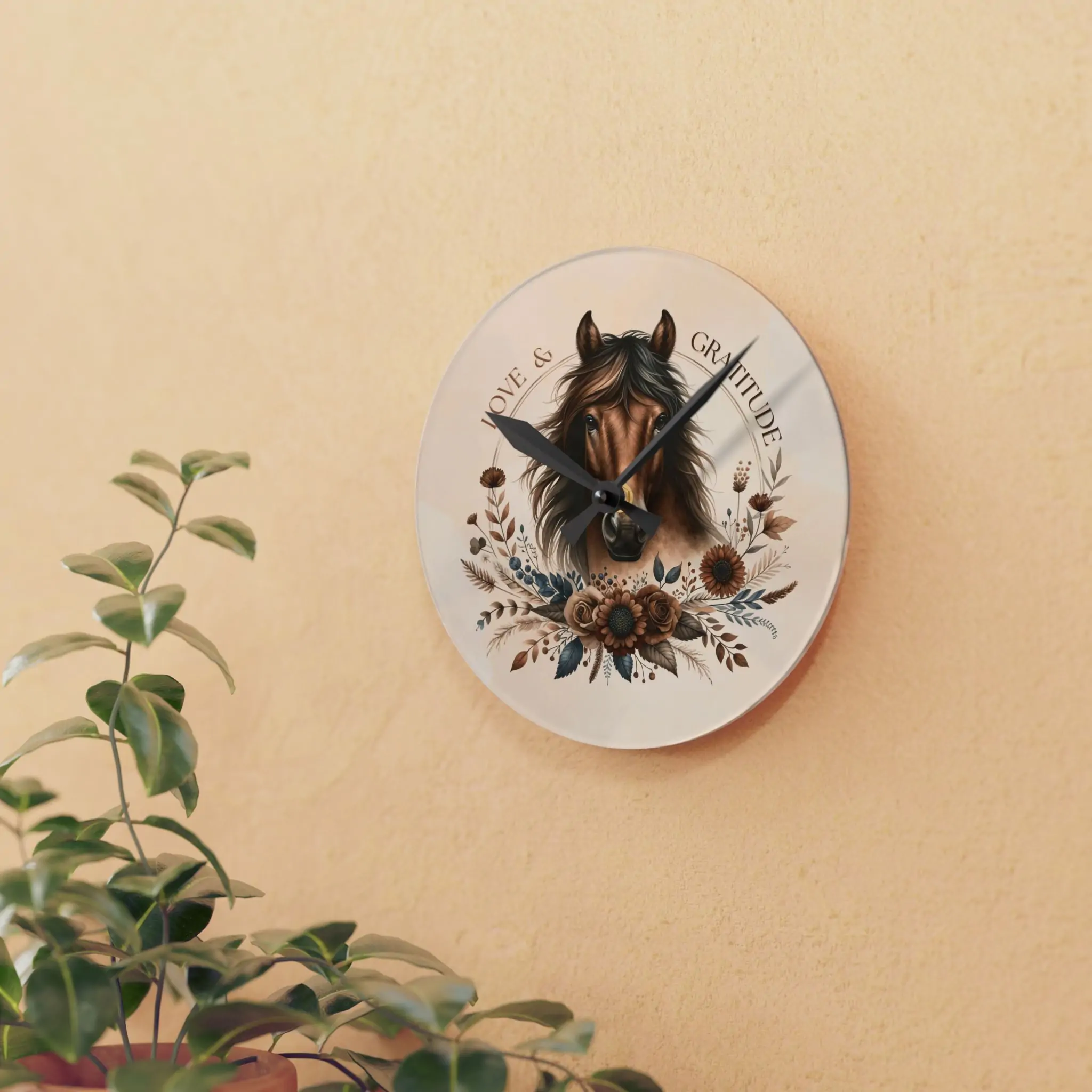 It is Always Time for Love and Gratitude Bay Horse Acrylic Wall Clock, Timeless Equestrian Art - Image 3