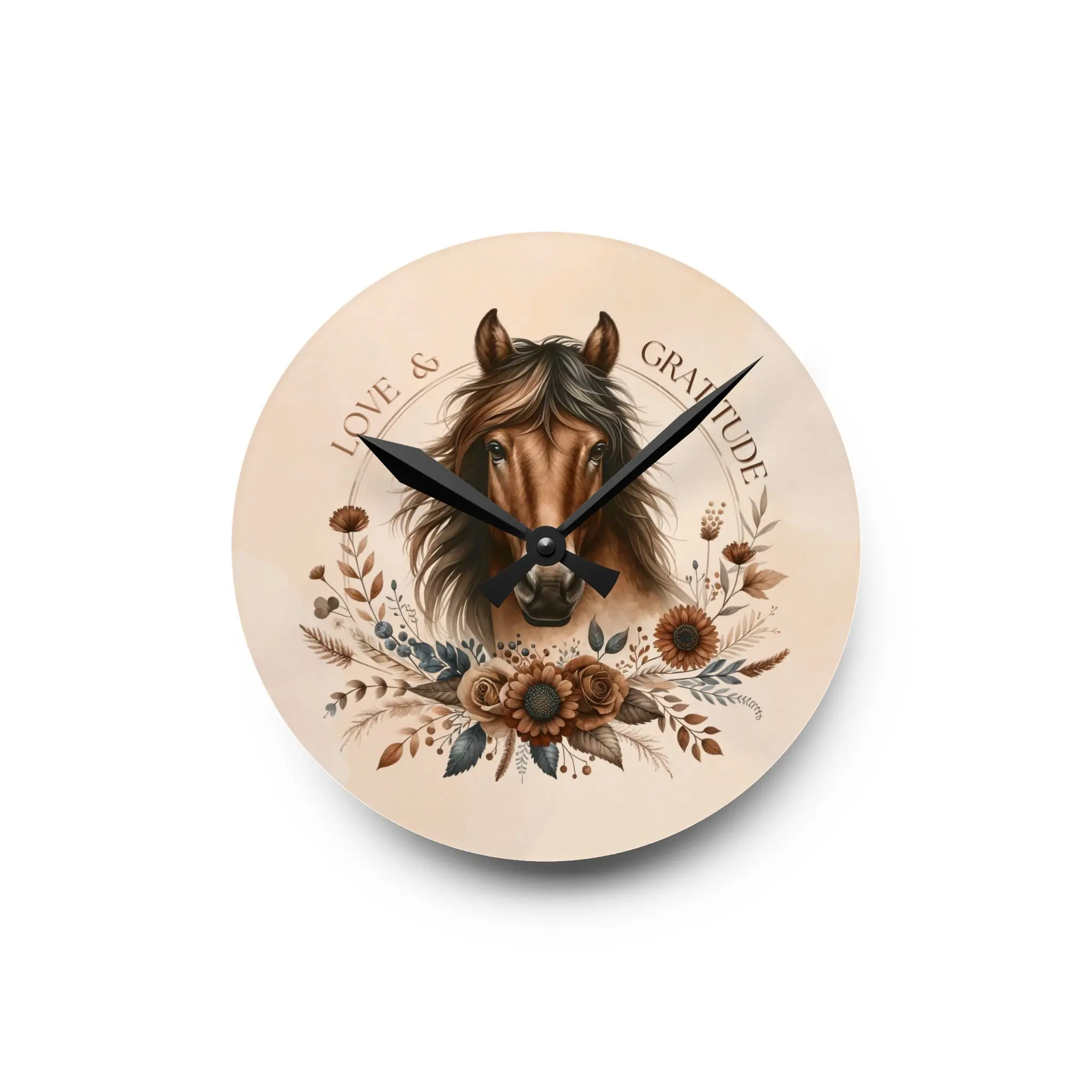 It is Always Time for Love and Gratitude Bay Horse Acrylic Wall Clock, Timeless Equestrian Art