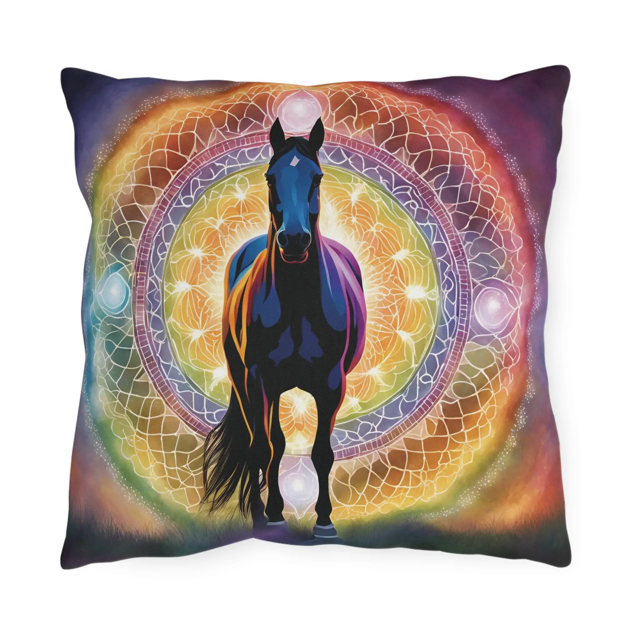 Horse Themed Purple Rainbow Outdoor Pillow - Equestrian Decor, Horse Lover Gift, Patio Cushion, Farmhouse Pillow, Animal Pillow