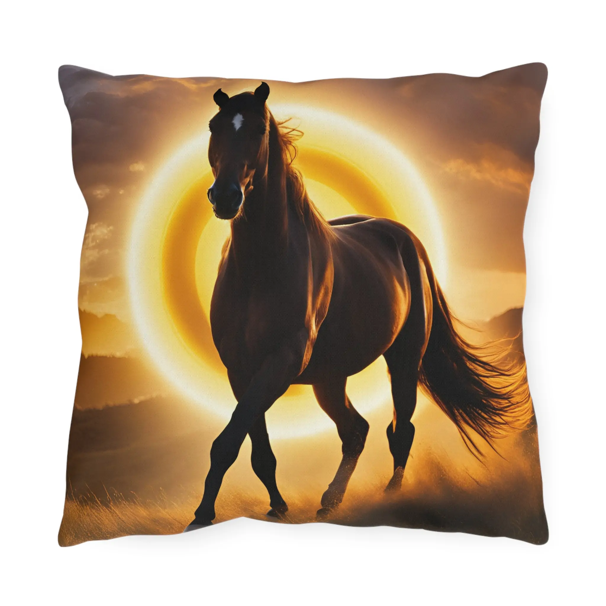 Horse Themed Yellow Outdoor Pillow - Equestrian Decor, Horse Lover Gift, Patio Cushion, Farmhouse Pillow, Animal Pillow